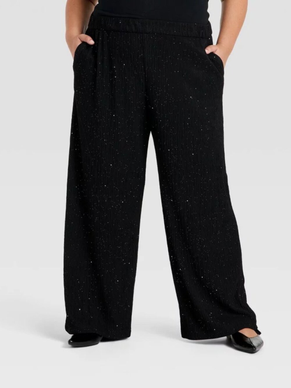 Women's High-Rise Sparkle Wide Leg Pull-On Pants - Ava & Viv Black 3X